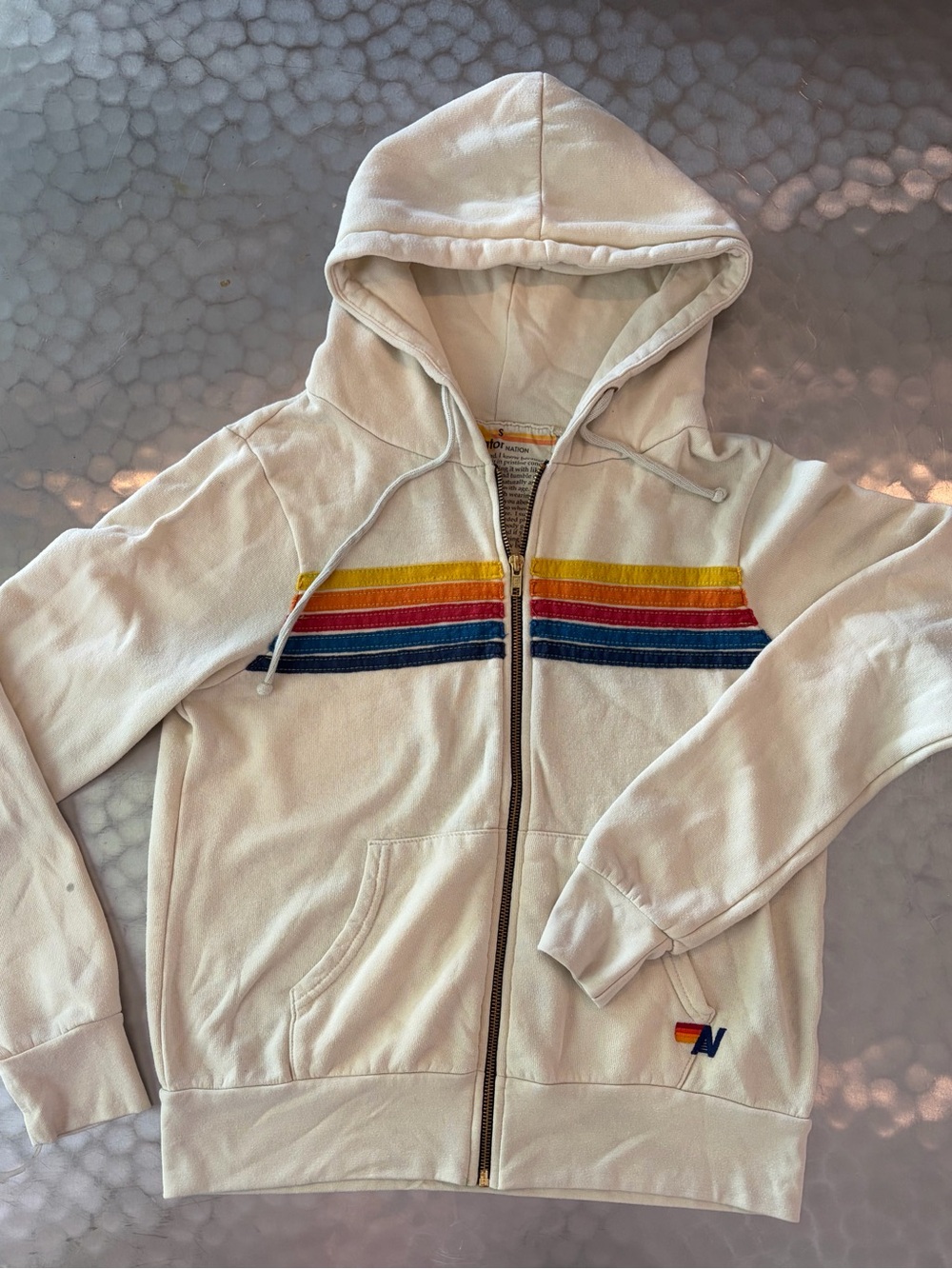 Aviator Nation Cream Zip Hoodie with Yellow, Red & Blue Stripes